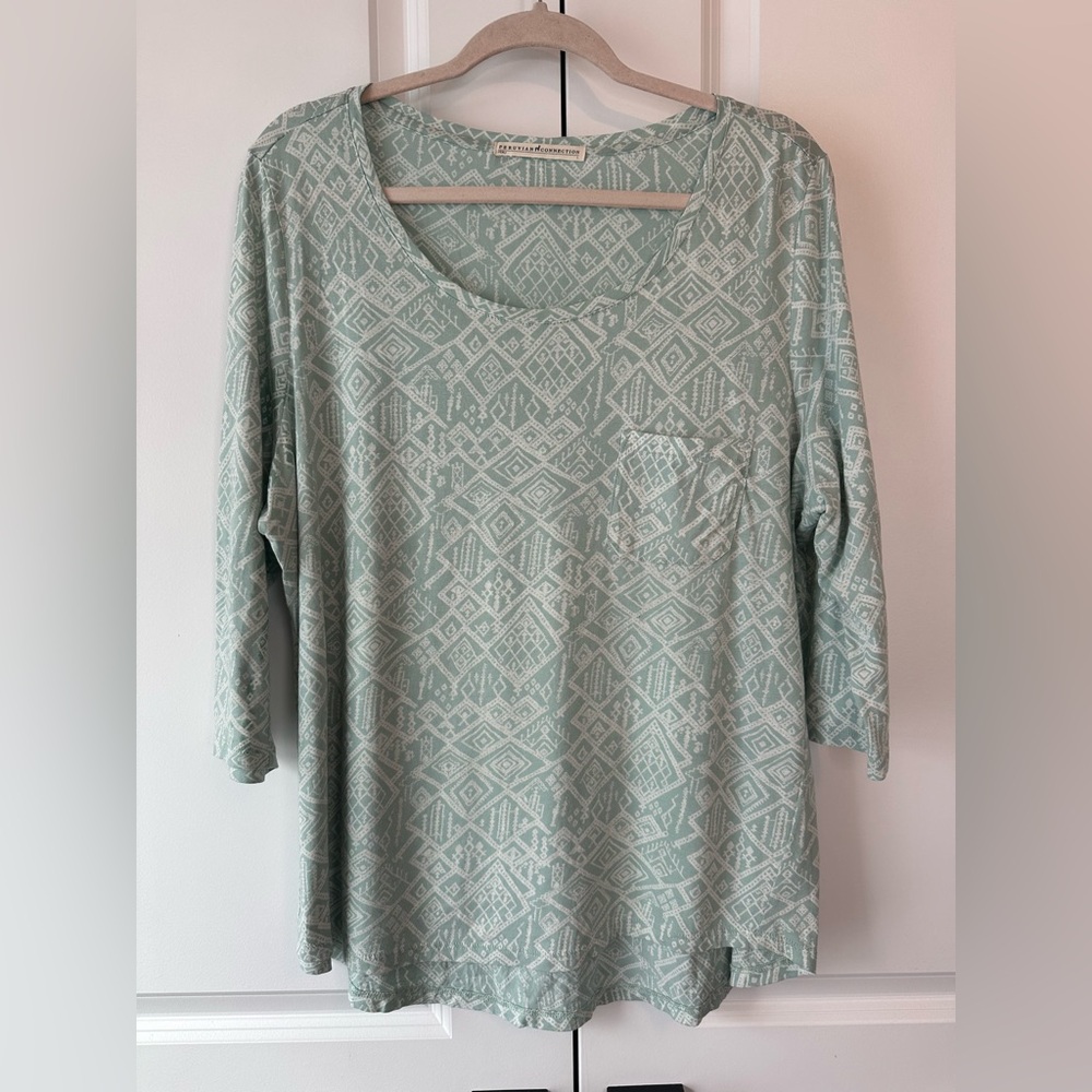 Peruvian Connection Women’s Aztec Geometric 3/4 Sleeve Shirt Teal/Cream (Size L)